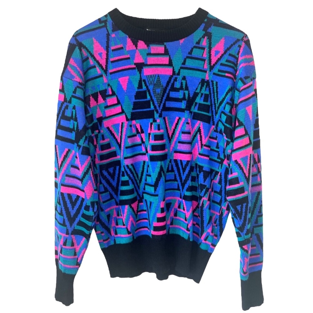 Vintage 80's Meister Colourful Geometric Knit Wool Blend Ski Sweater S